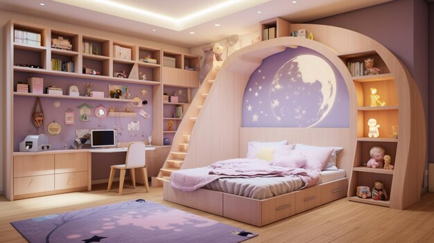 a bedroom with a bed and a purple rug with the word moon on the wall