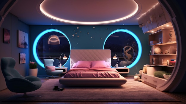 A bedroom with a bed and a round ceiling with a blue light.