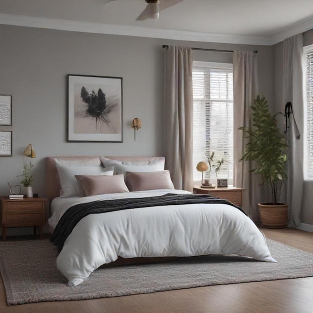 a bedroom with a bed a rug and a picture of a flower on the wall