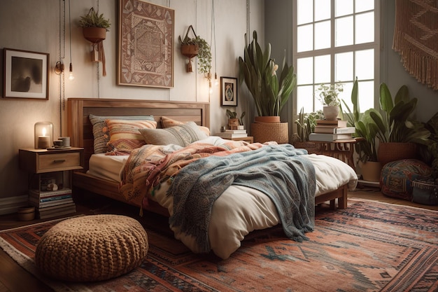 A bedroom with a bed and a rug with a rug and plants on the wall.