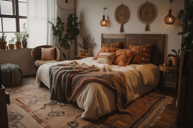 A bedroom with a bed and a rug with a rug that says'the word love'on it