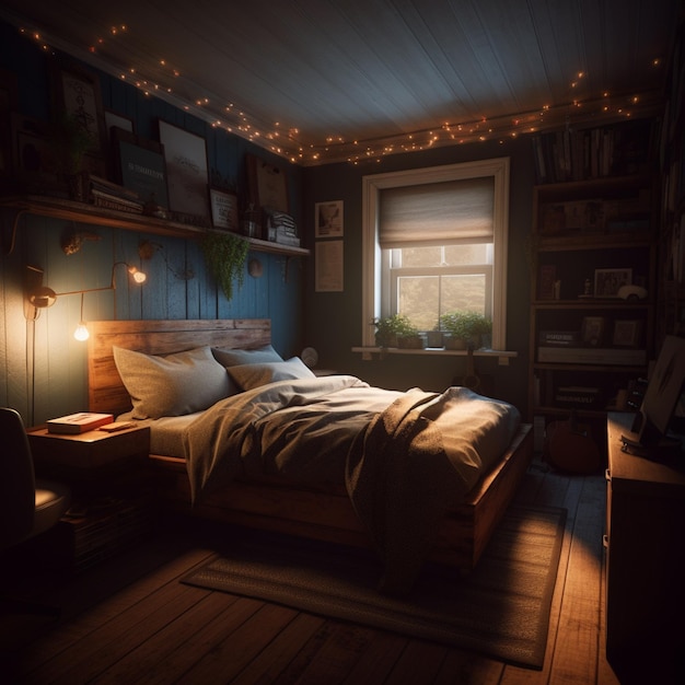 A bedroom with a bed and a shelf with lights hanging from it