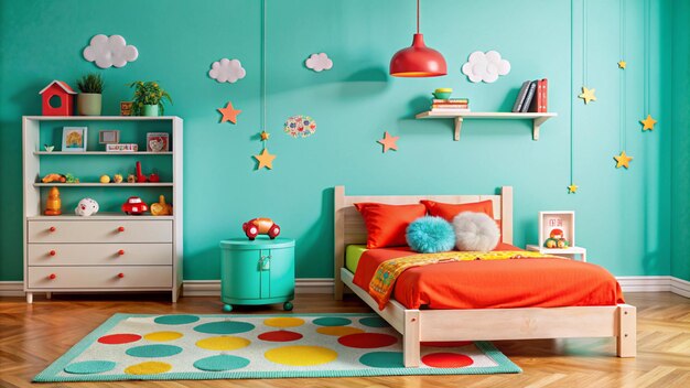 Photo a bedroom with a bed shelves and a bed with a blue and yellow bedding