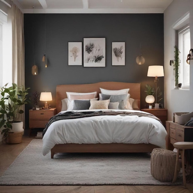 a bedroom with a bed a table and a plant on the wall