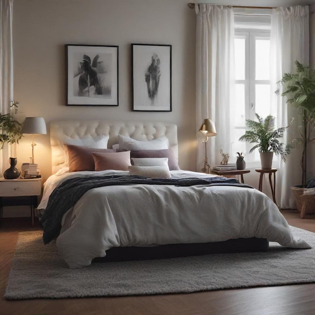 a bedroom with a bed a table and a plant on the wall