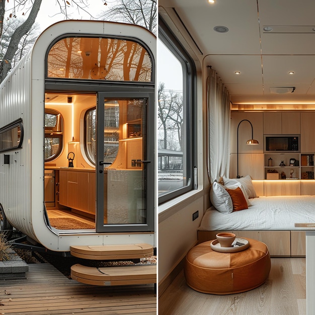 a bedroom with a bed and a table with a couch and a window that says  camper