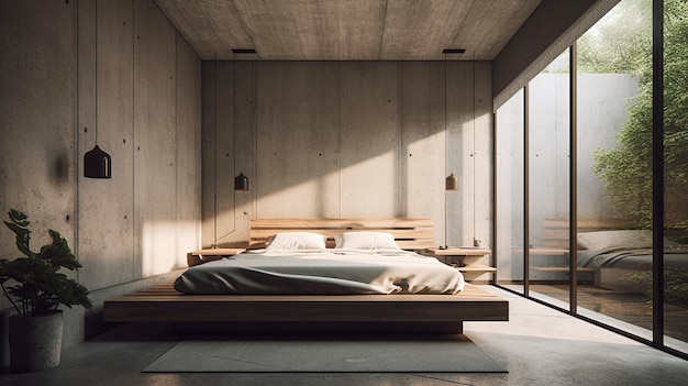 A bedroom with a bed and a table with a lamp on it.