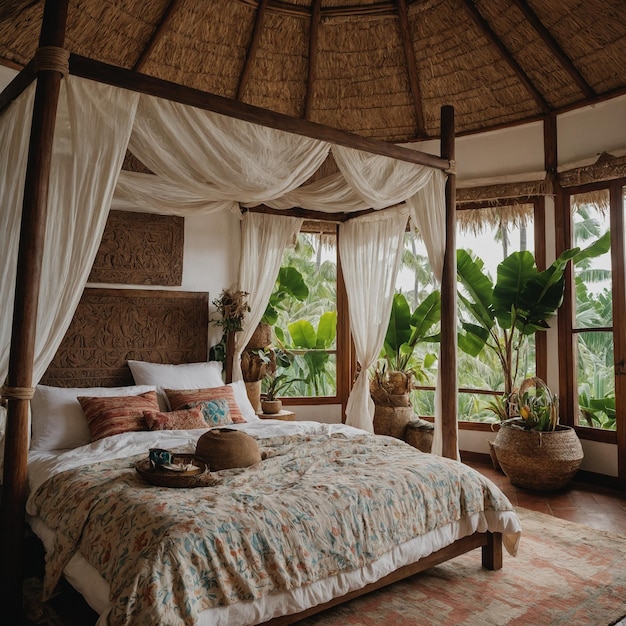 a bedroom with a bed that has a canopy over it