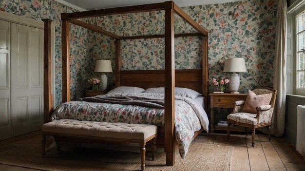 Photo a bedroom with a bed two lamps a nightstand and a bed with a floral wallpaper