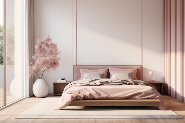 A bedroom with a bed and a vase with pink flowers on the floor.