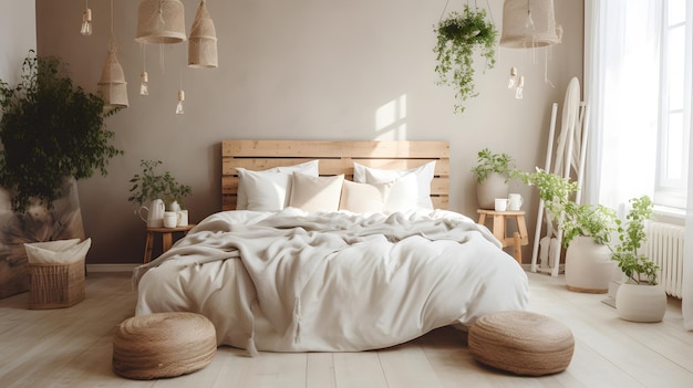 A bedroom with a bed and a wall of hanging plants.