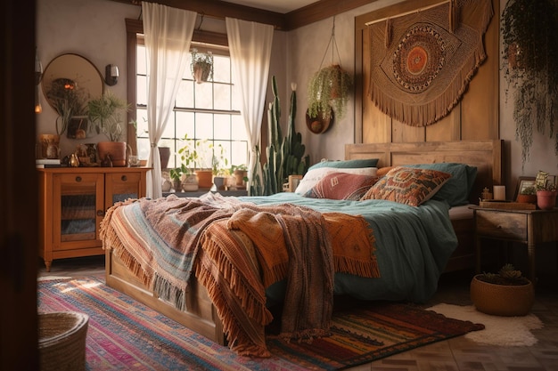 A bedroom with a bed and a wall hanging with a colorful blanket on it.