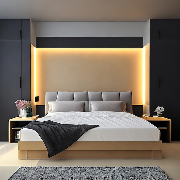 A bedroom with a bed and a wall with a light on it