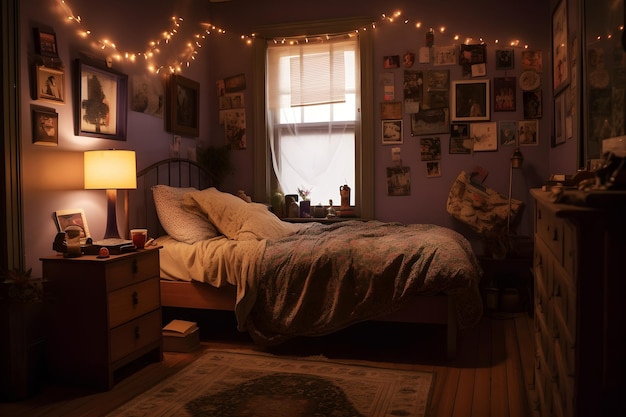 A bedroom with a bed and a wall with lights on it