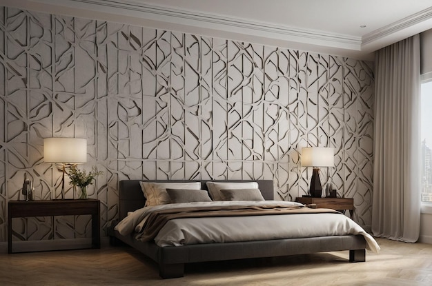 Photo a bedroom with a bed and a wallpaper with a design on it