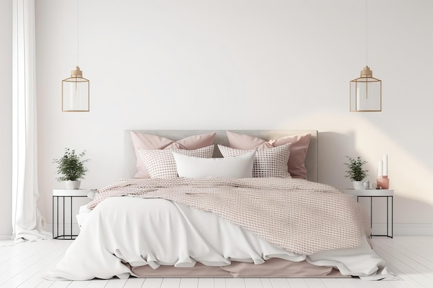 A bedroom with a bed and a white wall with a white and pink bedding and a white wall with a gold lamp.