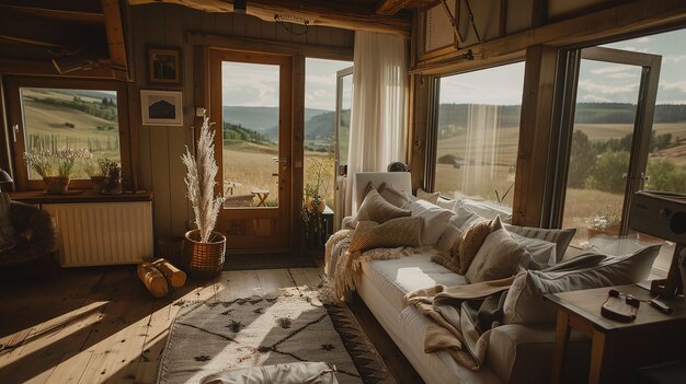 Photo a bedroom with a bed and a window that has a mountain view in the background