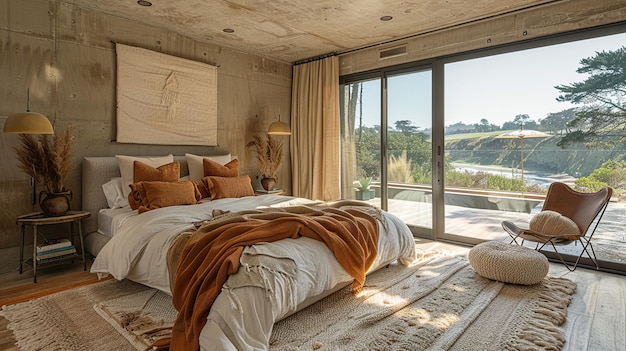 a bedroom with a bed and a window that has a view of the ocean