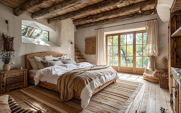 a bedroom with a bed a window and a window with a view of the woods