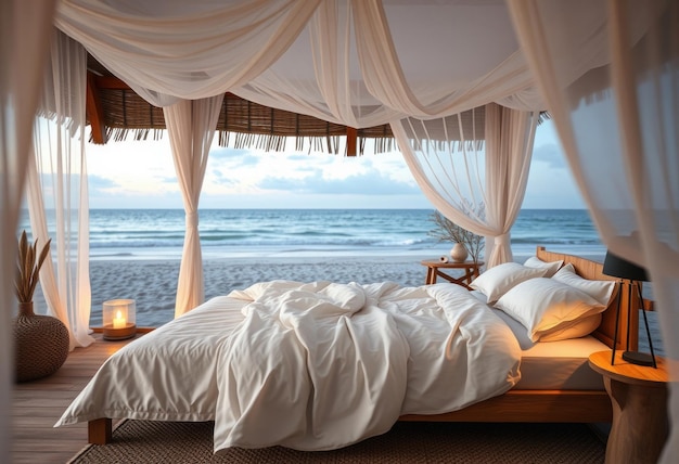 Photo a bedroom with a bed and a window with the ocean view