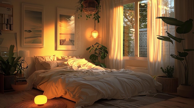 a bedroom with a bed and a window with a plant on the side