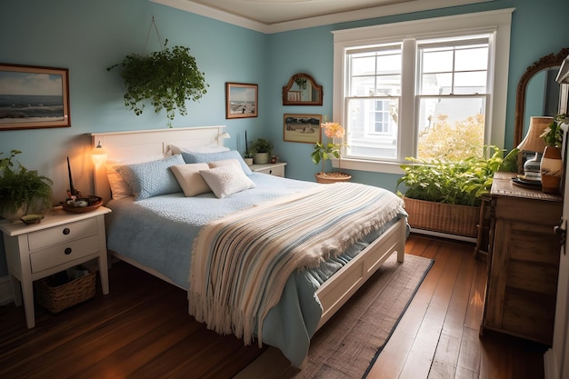 A bedroom with a bed and a window with a planter on the left side.