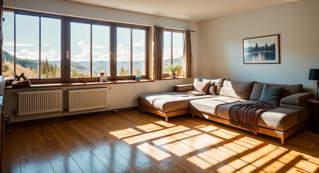 a bedroom with a bed and a window with the sun shining through the windows