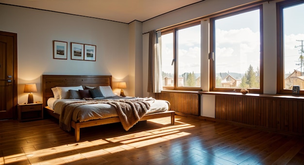 a bedroom with a bed and a window with the sun shining through