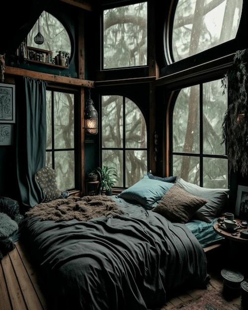 A bedroom with a bed and a window with a view of the forest.