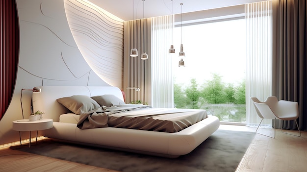 A bedroom with a bed and a window with a view of the outside