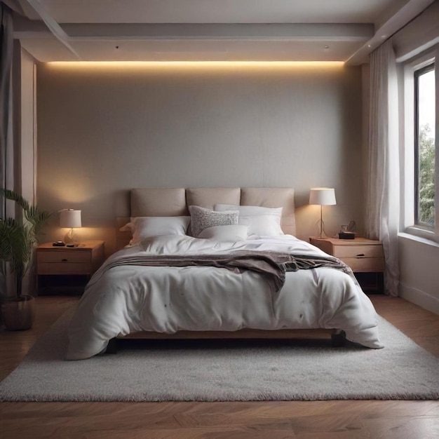 a bedroom with a bed and a window with a view of trees