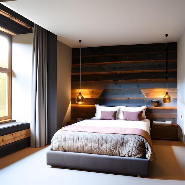 A bedroom with a bed and a window with a wooden wall behind it.