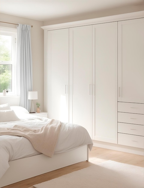 A bedroom with a bed with a window behind and a closet with blank white doors