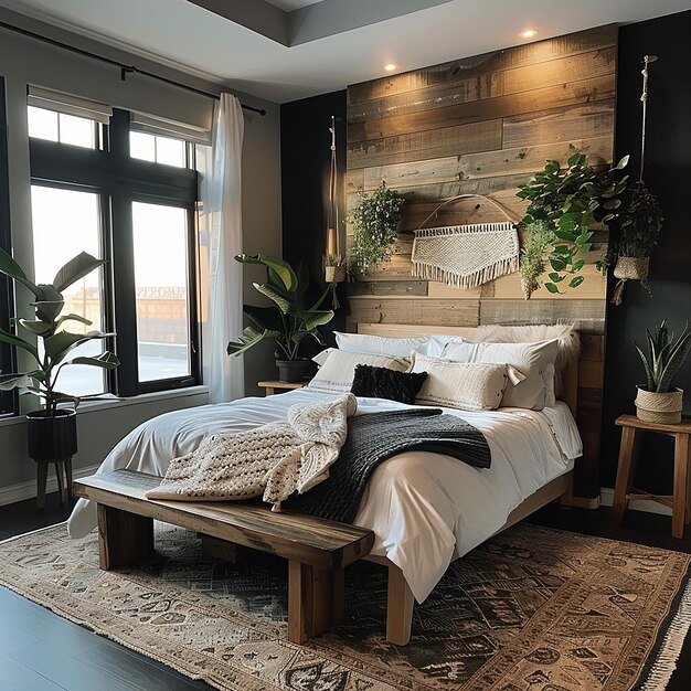 Photo a bedroom with a bed and a wooden headboard with plants on it