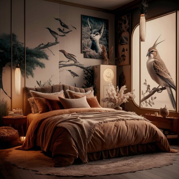 a bedroom with a bird on the wall and a painting of a bird on the wall