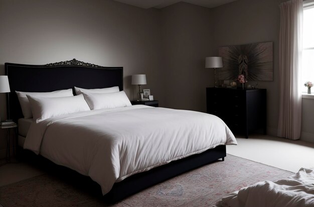 A bedroom with a black headboard and a white bed with a black headboard.