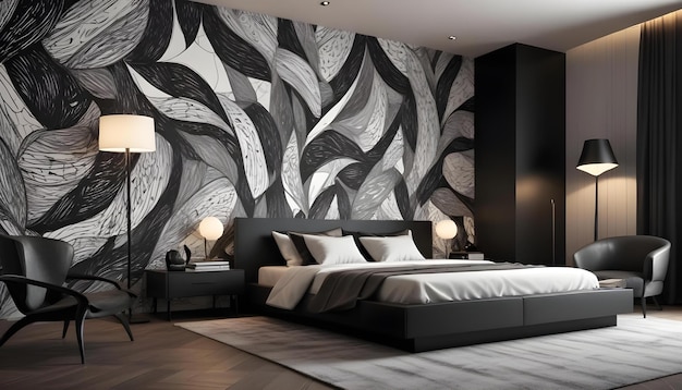 Photo a bedroom with a black and white wallpaper with a black and white design