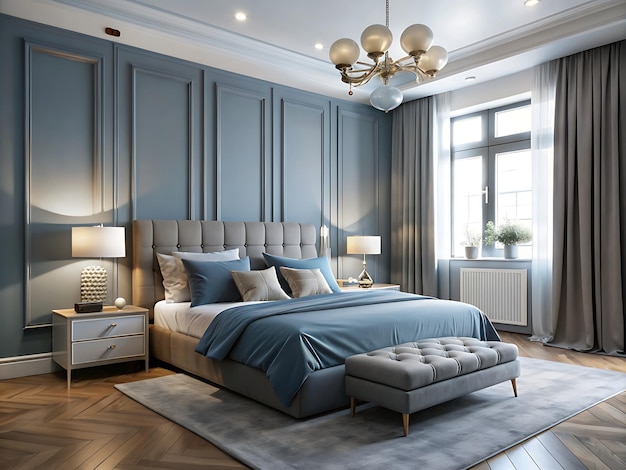 a bedroom with a blue bed and a lamp on the nightstand