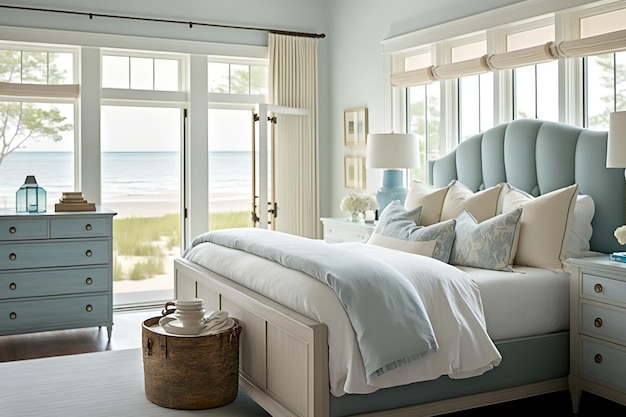 A bedroom with a blue bed and a white bed with a blue upholstered headboard.