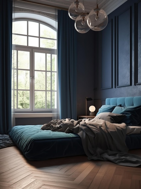 A bedroom with a blue curtain and a large window that has a light on it.