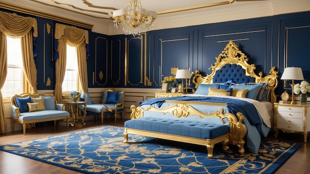 bedroom with a blue and gold theme There is a large bed two chairs a bench and a rug on the flo