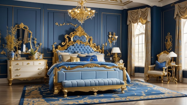 bedroom with a blue and gold theme There is a large bed two chairs a bench and a rug on the flo