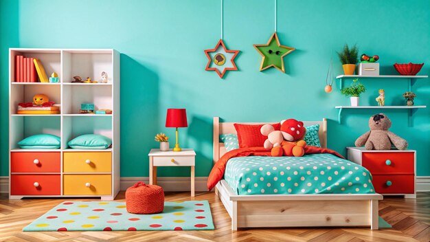 Photo a bedroom with a blue wall and a bed with a red teddy bear on the bed