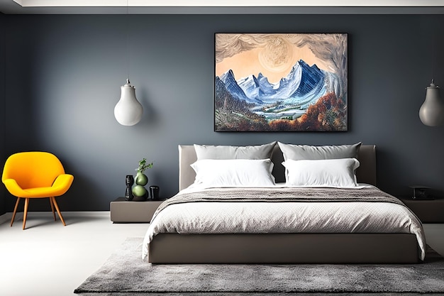 A bedroom with a blue wall and a painting of mountains above it.