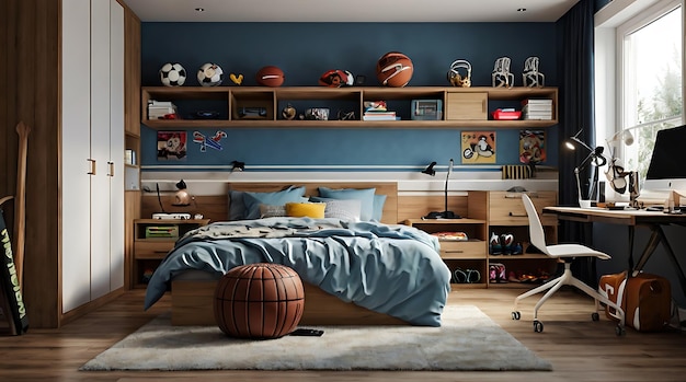 a bedroom with a blue wall with a blue comforter and a blue comforter