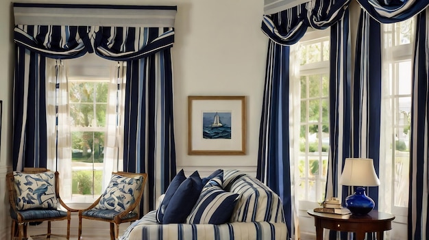 a bedroom with a blue and white striped couch and a picture of a ship on the wall