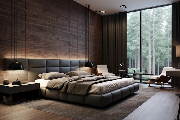 A bedroom with a brick wall and a bed with a wooden frame and a shelf with books on it