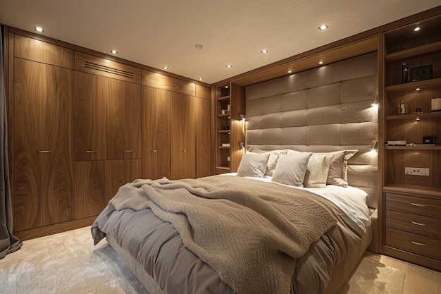 Bedroom with BuiltIn Wardrobe Bed with neutral bedding builtin wardrobe with clean lines and soft lighting Simple and functional