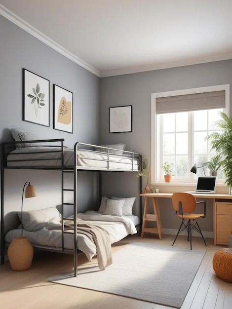 a bedroom with a bunk bed and a desk with a picture of a plant on it