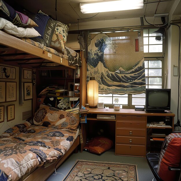 Photo a bedroom with a bunk bed and a painting on the wall